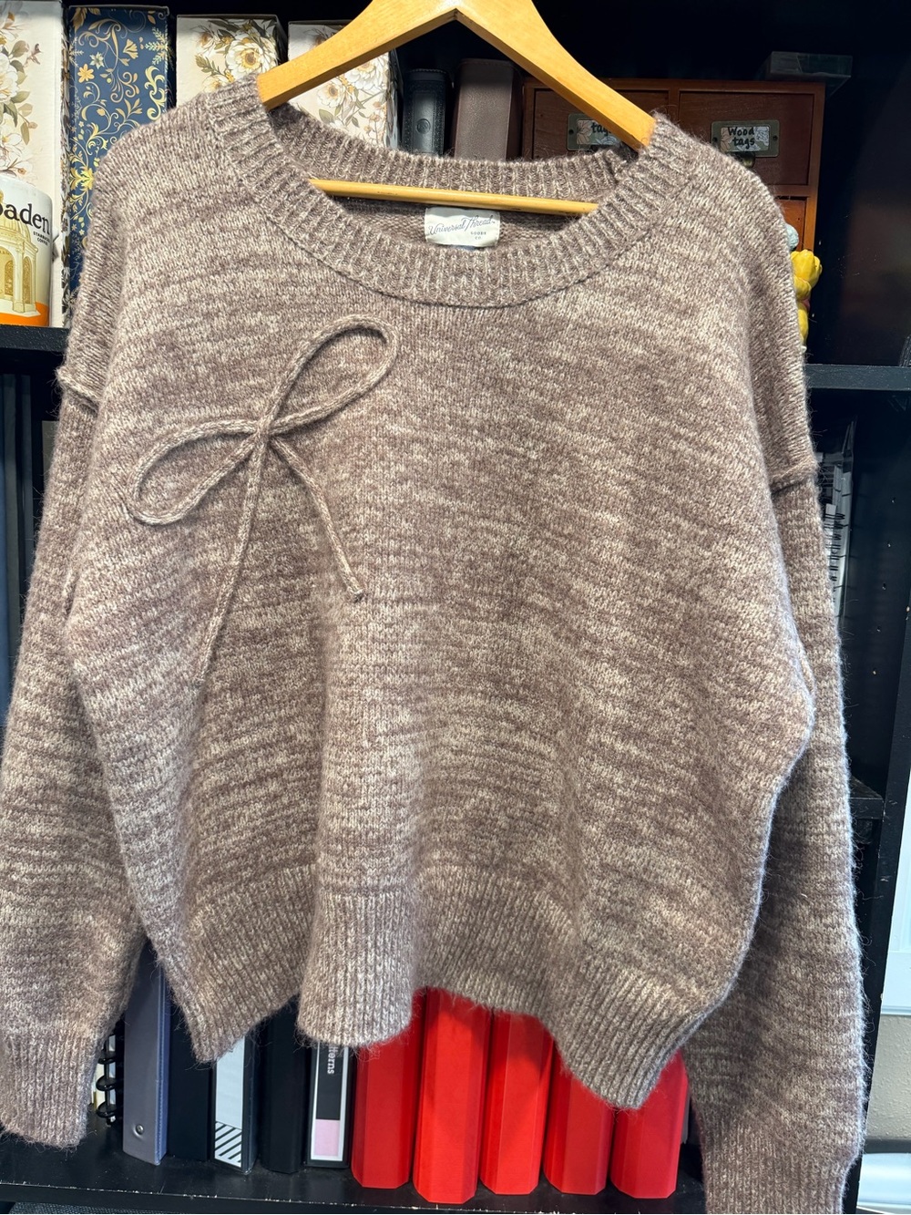 Universal Thread Marled Taupe Crewneck Sweater with Bow Detail